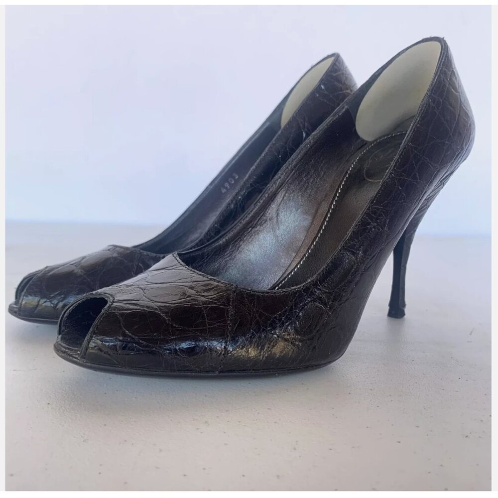 Prada Black Leather Peep Toe Heels/Pumps Size 37 or US 7